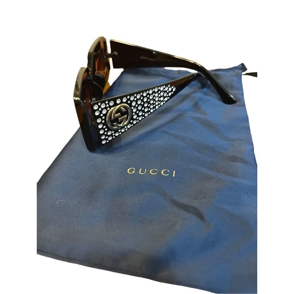 GUCCI black rectangle Diamond Cut Embellished Interlocking Gold G Sunglasses Vtg